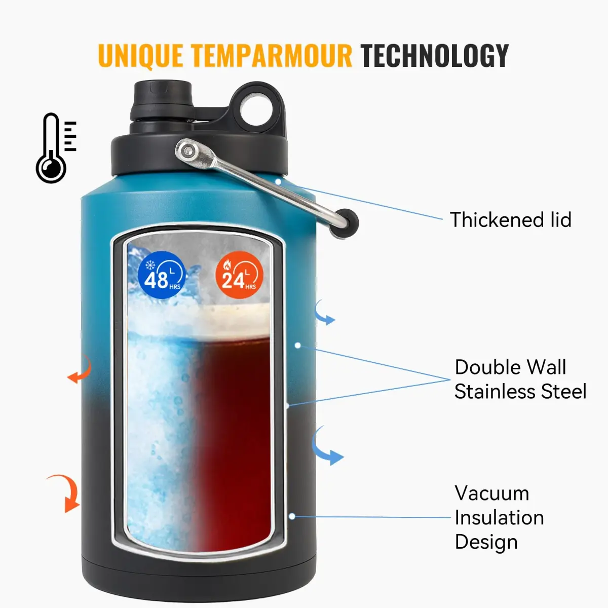Kerilyn Insulated Gallon Jug with Handle, 3785ml (128oz) Stainless Steel | Keeps Drinks Cold 48 Hrs, Hot 24 Hrs - view 4