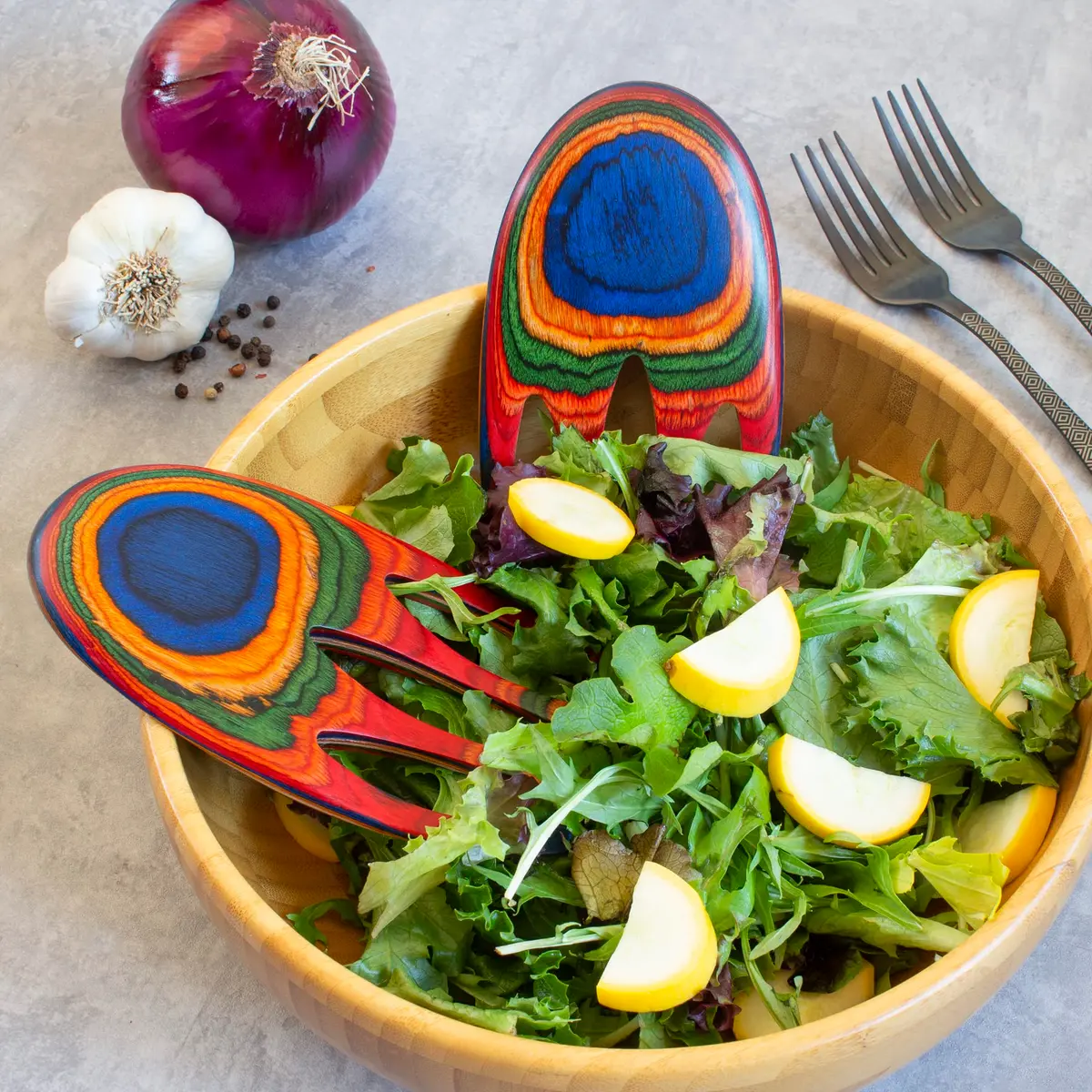 Totally Bamboo Baltique Marrakesh Salad Hands, Colorful Wood Salad Tongs Alternative | Vibrant Layered Birch - view 2