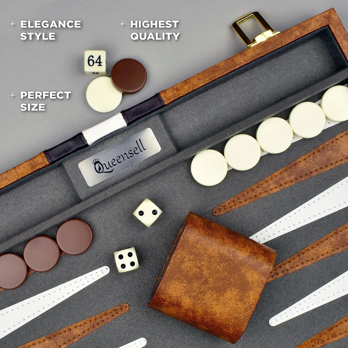 Queensell 15 Inch Folding Backgammon Board Set with PU Leather Case & Felt Surface | Classic Strategy Game for 2 Players - view 5