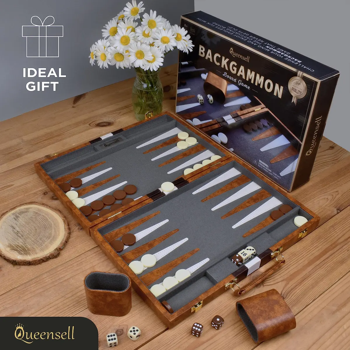 Queensell 15 Inch Folding Backgammon Board Set with PU Leather Case & Felt Surface | Classic Strategy Game for 2 Players - view 2