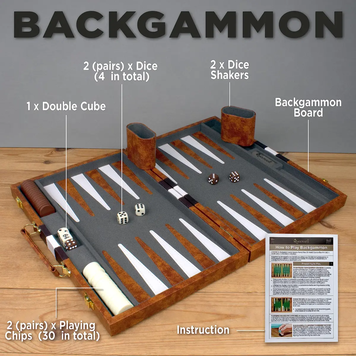 Queensell 15 Inch Folding Backgammon Board Set with PU Leather Case & Felt Surface | Classic Strategy Game for 2 Players - view 3