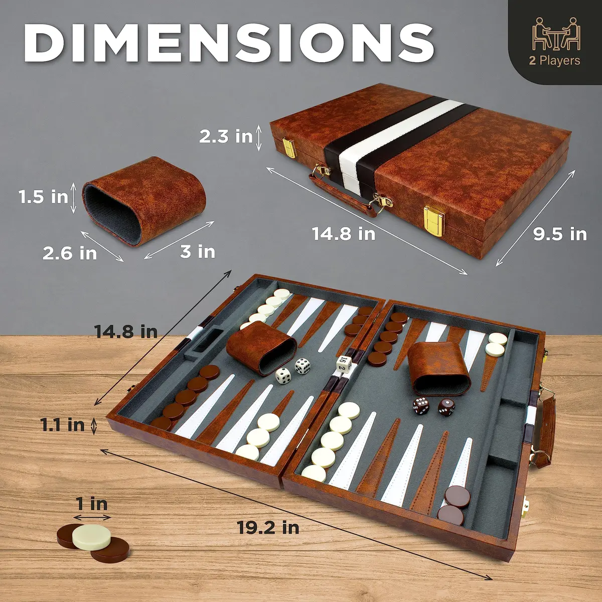 Queensell 15 Inch Folding Backgammon Board Set with PU Leather Case & Felt Surface | Classic Strategy Game for 2 Players - view 4
