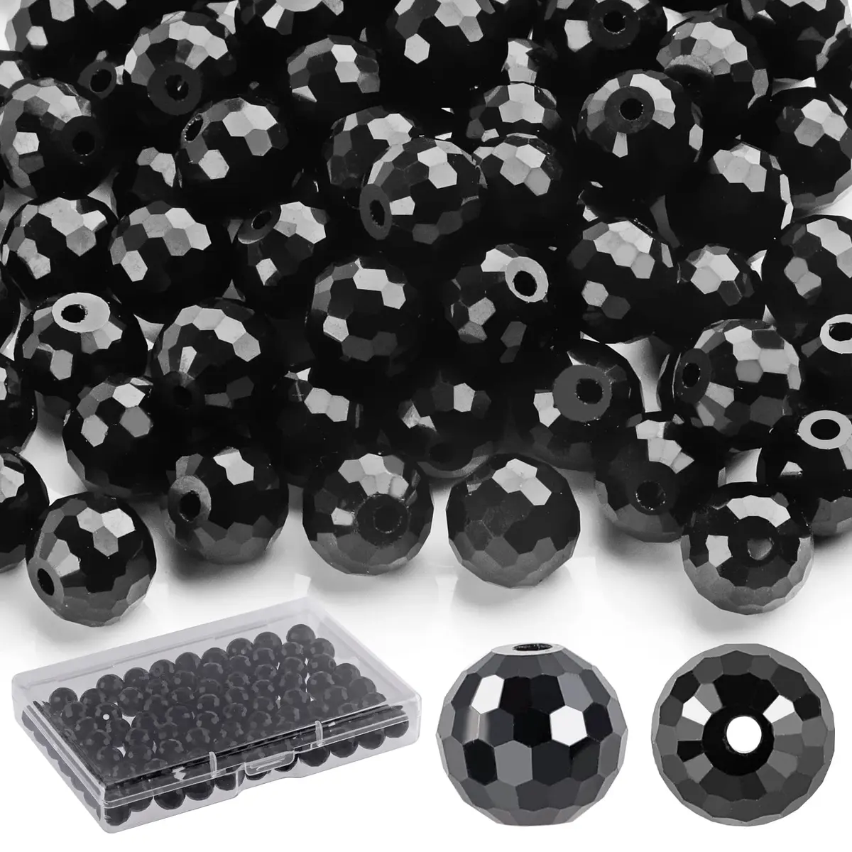 Reastar Black 80 Pcs 10mm Crystal Glass Beads | Faceted Sparkly Shiny for Jewelry Making - main product image