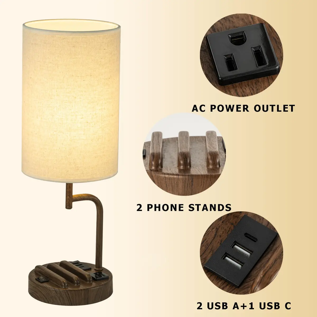 Dreamholder Modern Desk Lamp with 3 USB Ports & AC Outlet | Walnut Finish, 60W - view 2
