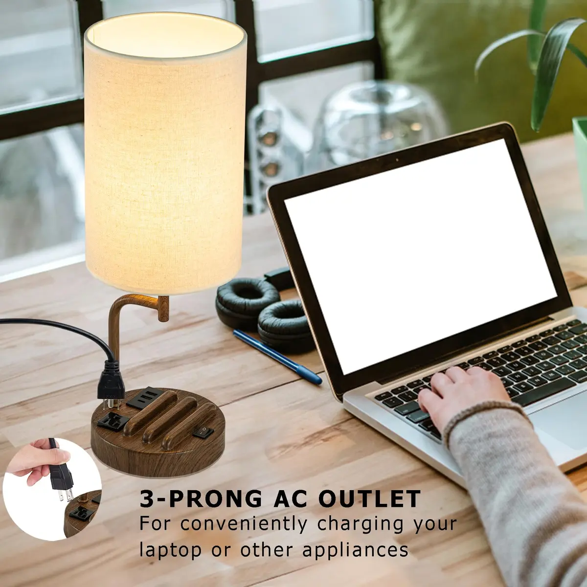 Dreamholder Modern Desk Lamp with 3 USB Ports & AC Outlet | Walnut Finish, 60W - view 3