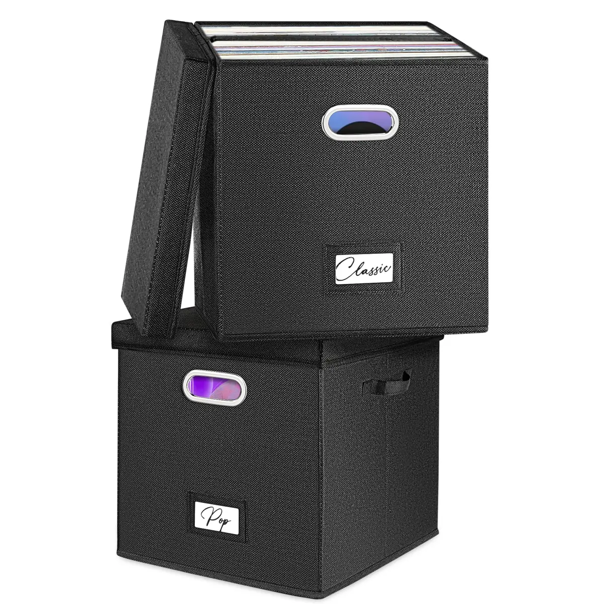 Woodoulogy Vinyl Record Storage Box 12-Inch | Space-Saving, Collapsible, Black Linen (13 inch cube) - main product image