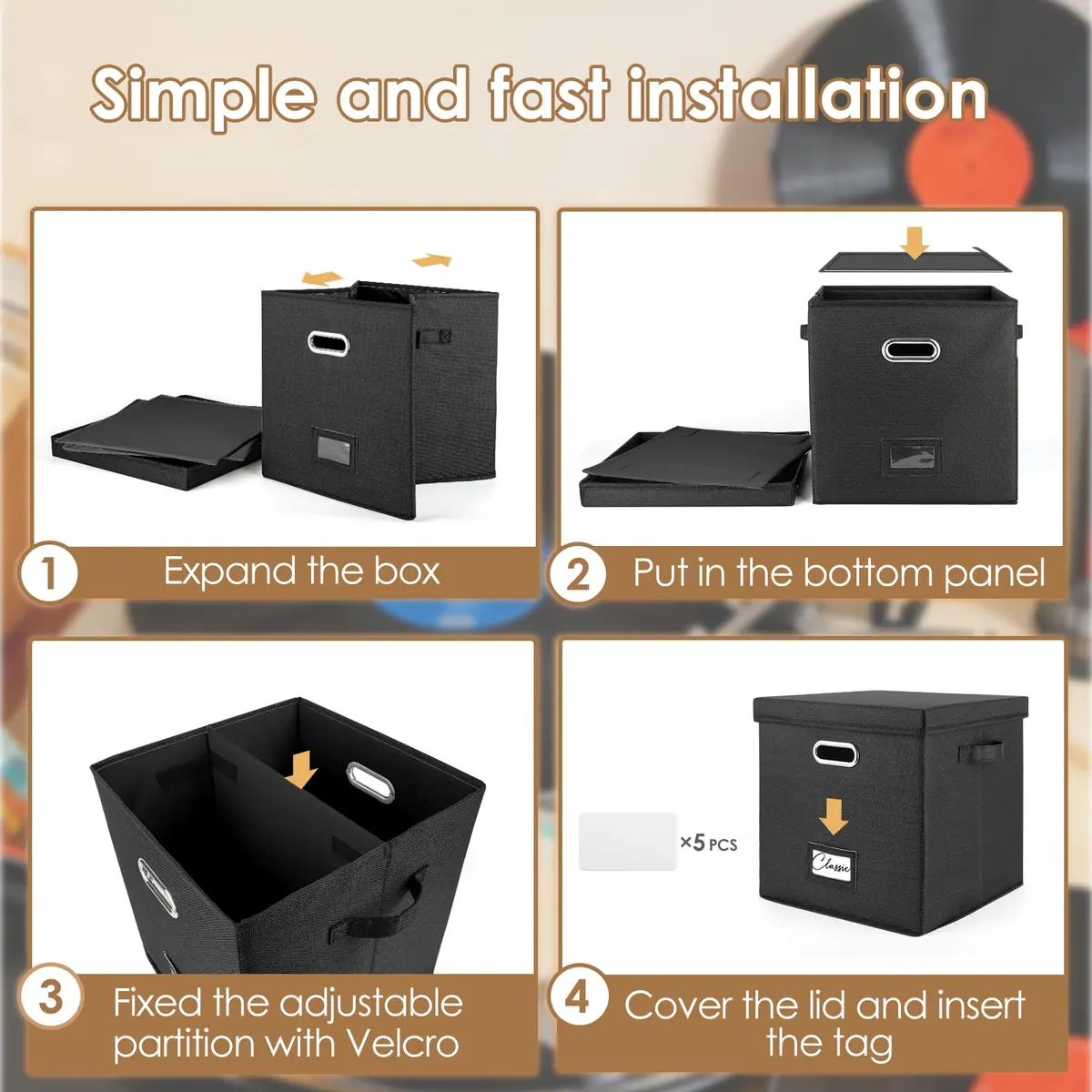 Woodoulogy Vinyl Record Storage Box 12-Inch | Space-Saving, Collapsible, Black Linen (13 inch cube) - view 5