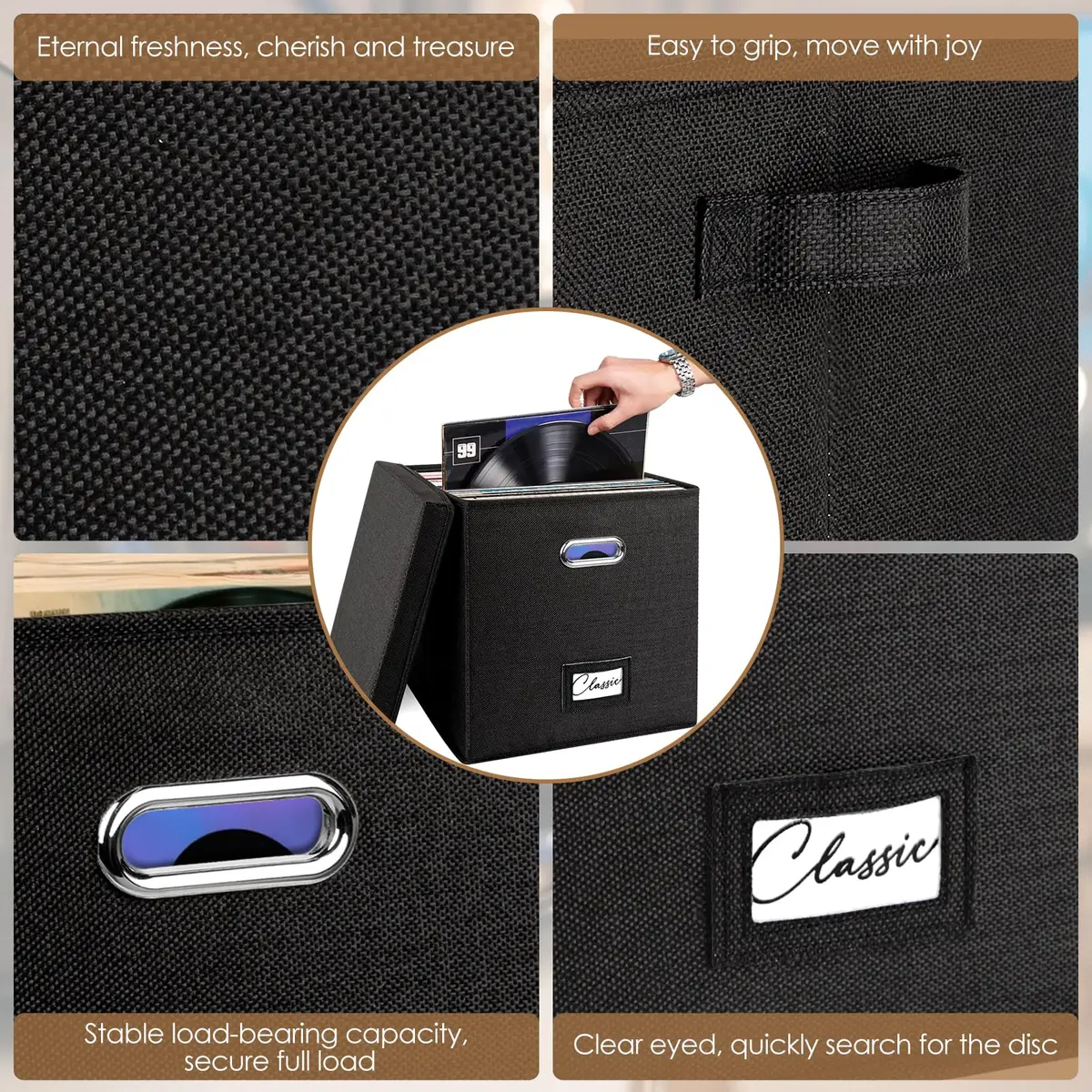 Woodoulogy Vinyl Record Storage Box 12-Inch | Space-Saving, Collapsible, Black Linen (13 inch cube) - view 3