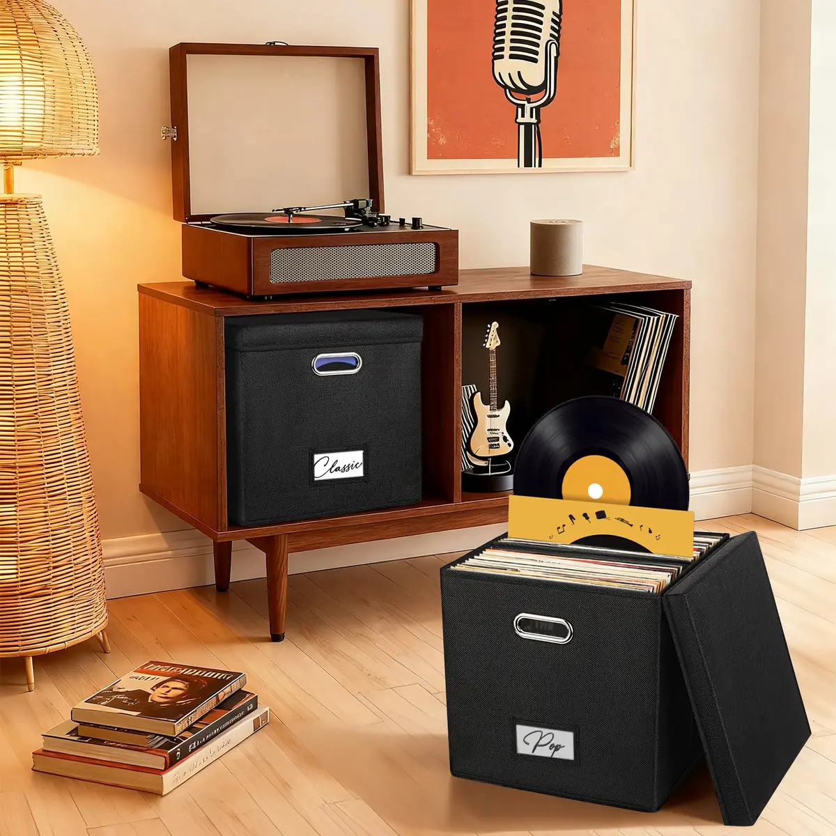 Woodoulogy Vinyl Record Storage Box for 50+ LPs | Space-Saving, Durable Linen Case with Lid - view 7