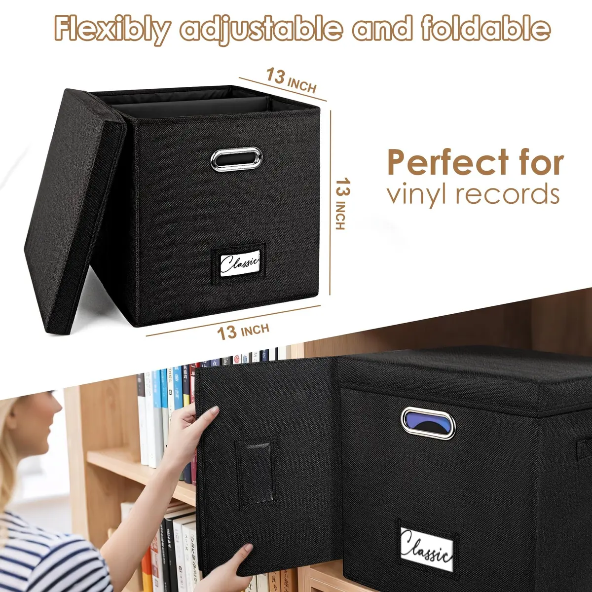 Woodoulogy Vinyl Record Storage Box for 50+ LPs | Space-Saving, Durable Linen Case with Lid - view 2