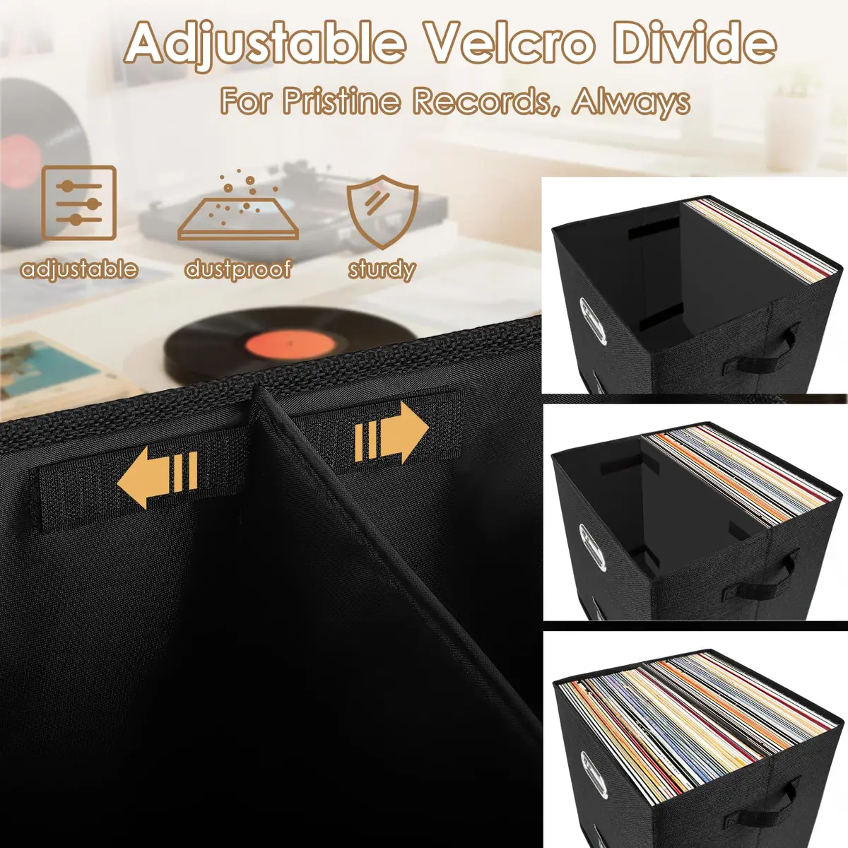 Woodoulogy Vinyl Record Storage Box for 50+ LPs | Space-Saving, Durable Linen Case with Lid - view 4