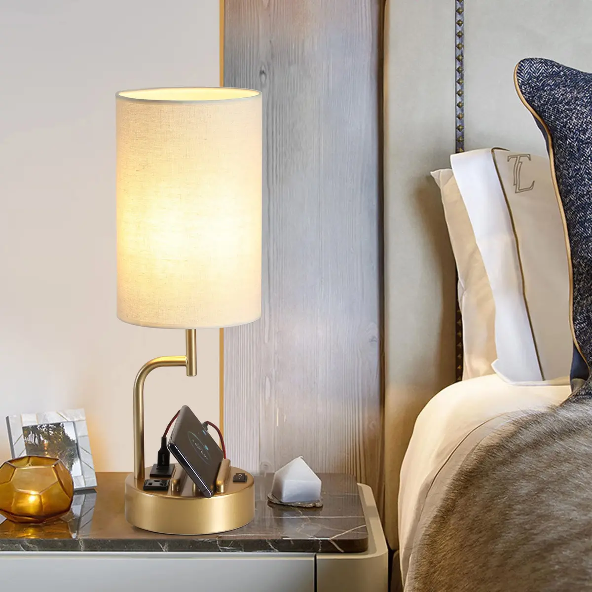 Dreamholder Gold Table Lamp with 3 USB Ports & AC Outlet | Modern Nightstand Light for Bedroom & Office - view 5