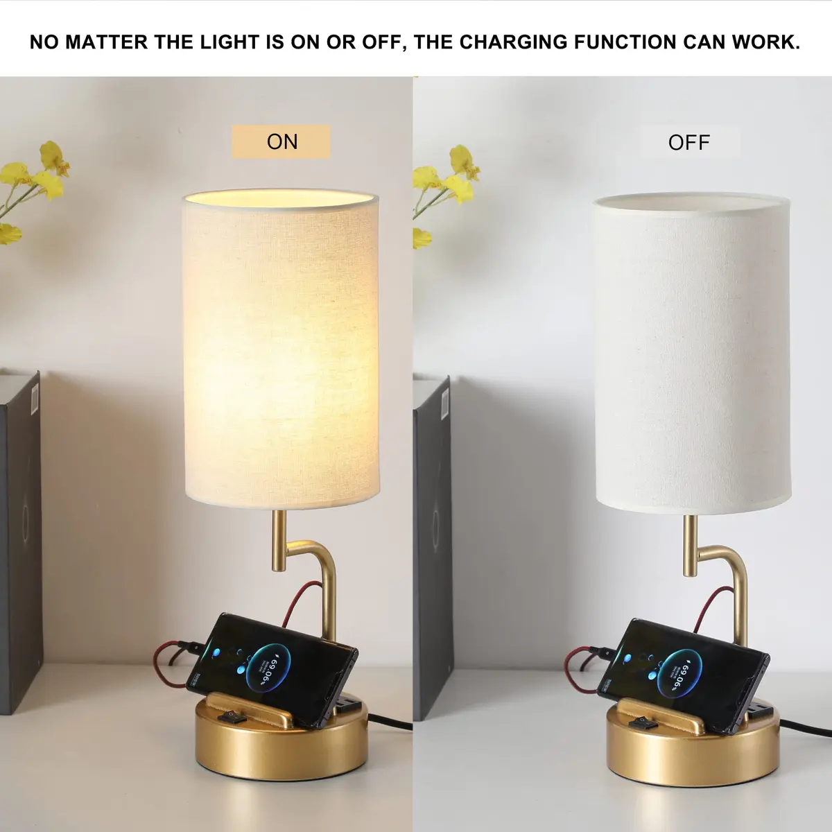Dreamholder Gold Table Lamp with 3 USB Ports & AC Outlet | Modern Nightstand Light for Bedroom & Office - view 7