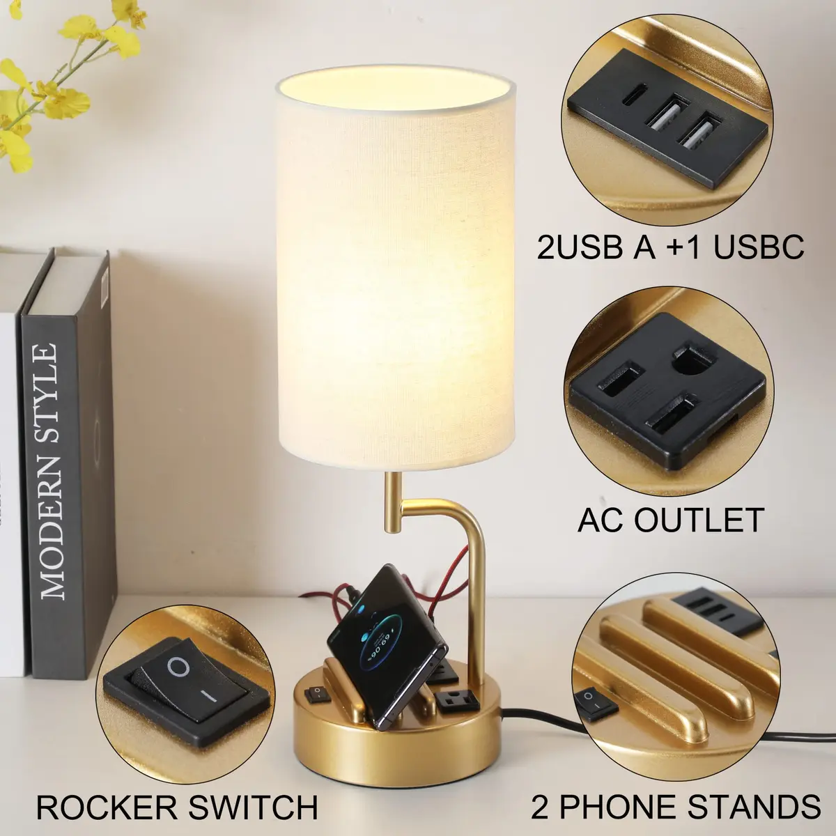 Dreamholder Gold Table Lamp with 3 USB Ports & AC Outlet | Modern Nightstand Light for Bedroom & Office - view 2