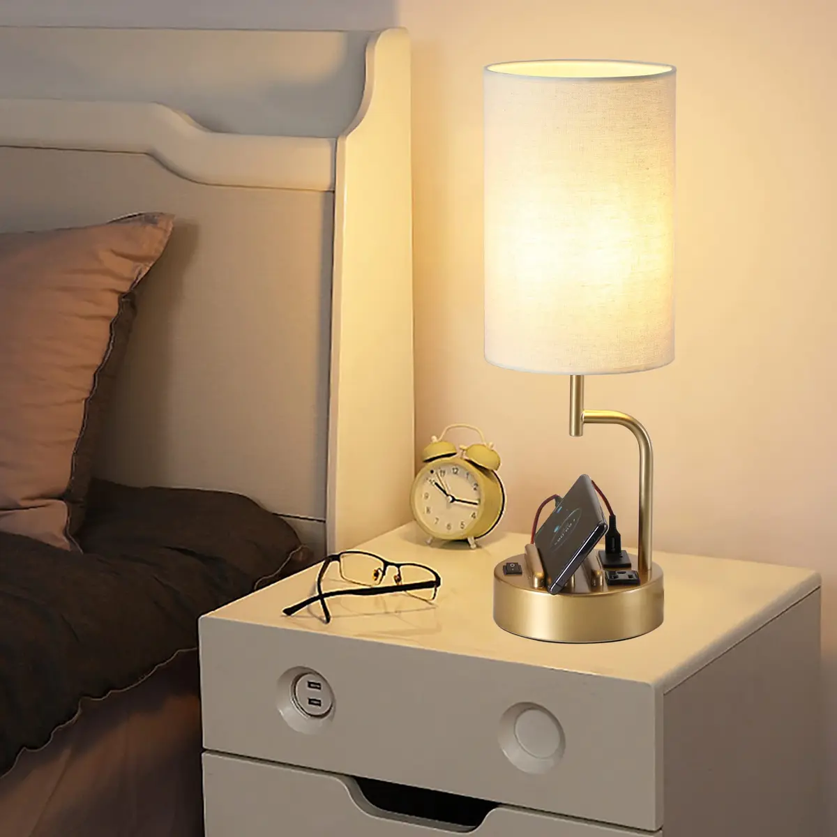 Dreamholder Gold Table Lamp with 3 USB Ports & AC Outlet | Modern Nightstand Light for Bedroom & Office - view 3