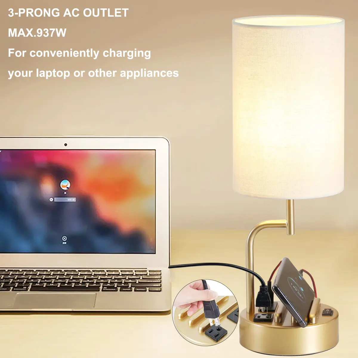 Dreamholder Gold Table Lamp with 3 USB Ports & AC Outlet | Modern Nightstand Light for Bedroom & Office - view 4