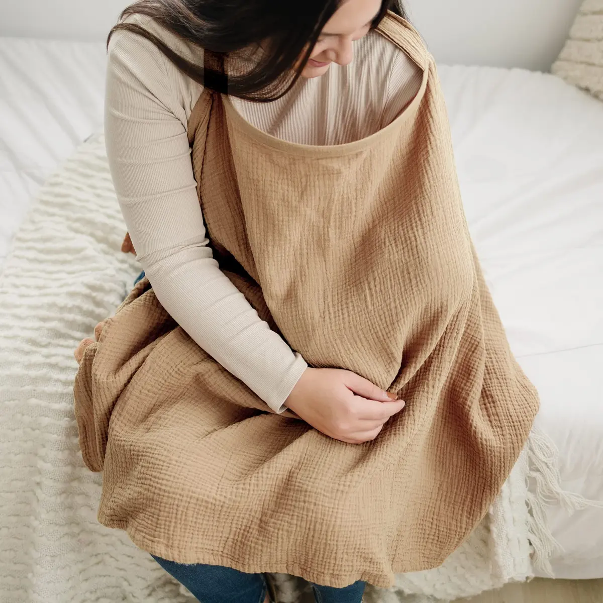 Konssy Muslin Nursing Cover Camel | 100% Cotton Breathable for Breastfeeding with Rigid Hoop & Adjustable Strap - view 3