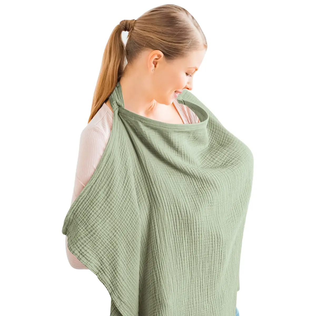 Konssy Muslin Nursing Cover Up for Breastfeeding with Rigid Hoop, Sage 100% Cotton | Breathable & Adjustable for New Moms - main product image