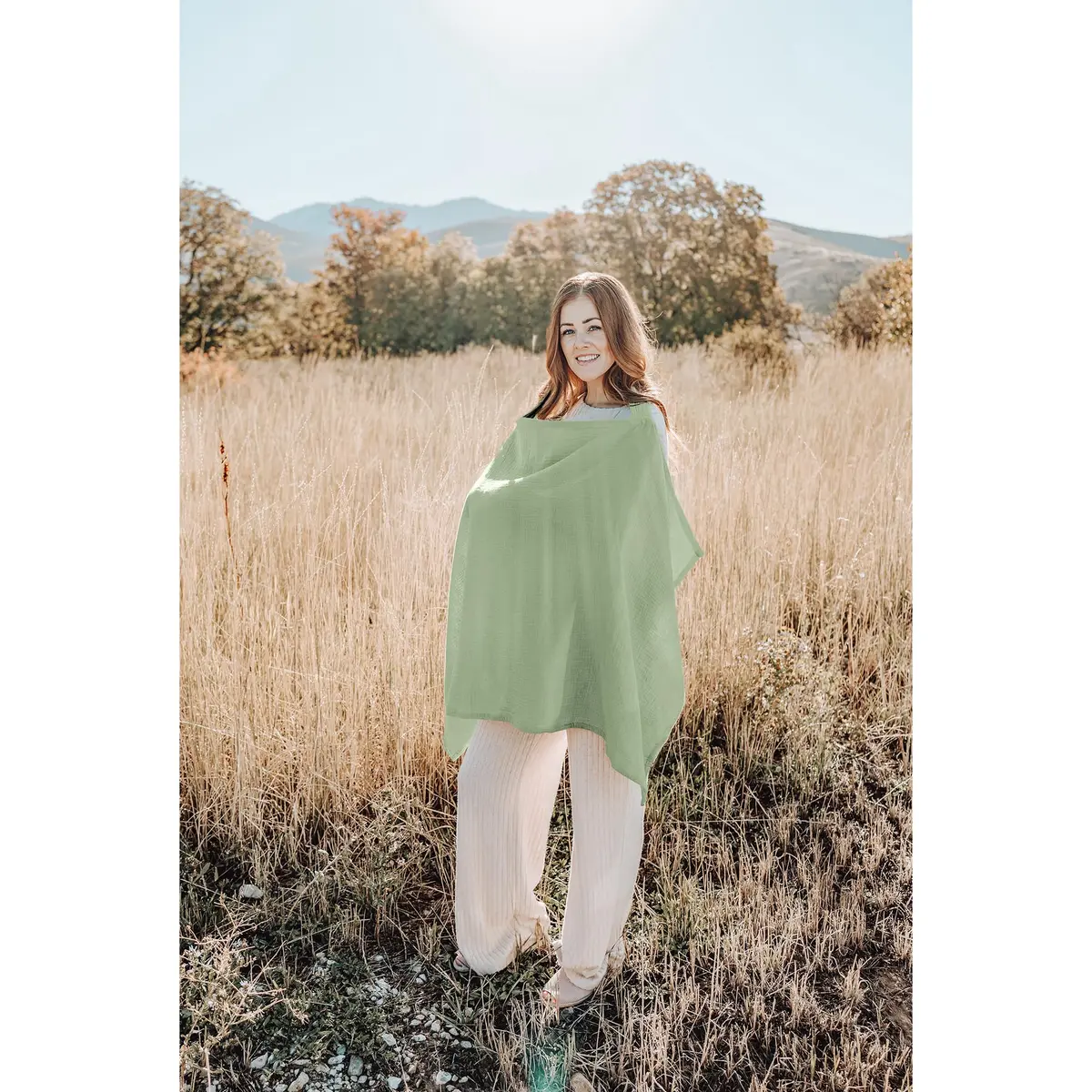 Konssy Muslin Nursing Cover Up for Breastfeeding with Rigid Hoop, Sage 100% Cotton | Breathable & Adjustable for New Moms - view 7