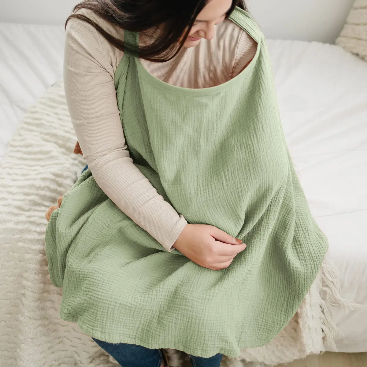 Konssy Muslin Nursing Cover Up for Breastfeeding with Rigid Hoop, Sage 100% Cotton | Breathable & Adjustable for New Moms - view 3