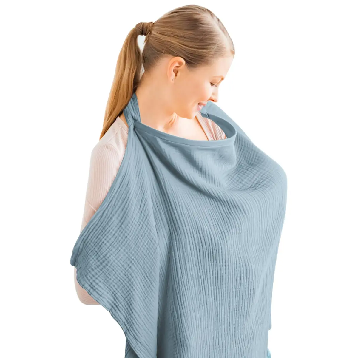 Konssy Muslin Nursing Cover Up for Breastfeeding with Rigid Hoop, 100% Cotton (Blue) | Breathable & Skin-Friendly for New Moms - main product image