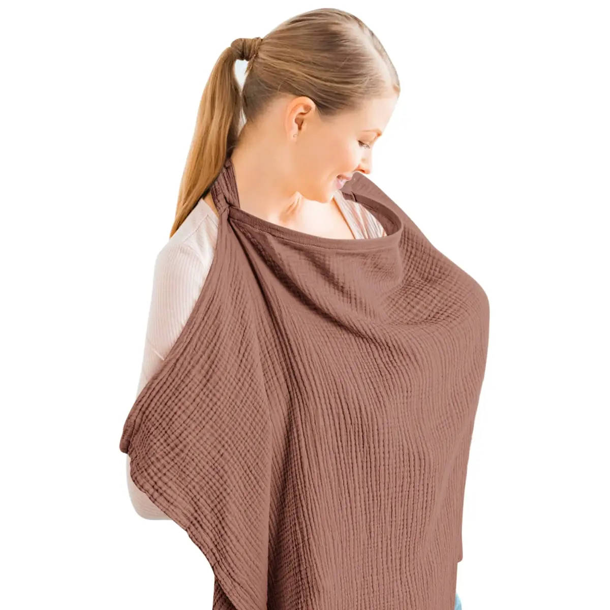 Konssy Muslin Nursing Cover Chestnut | 100% Cotton Breathable with Rigid Hoop for Breastfeeding & Multi-use Carseat Canopy - main product image