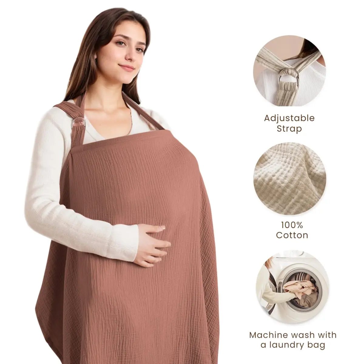 Konssy Muslin Nursing Cover Chestnut | 100% Cotton Breathable with Rigid Hoop for Breastfeeding & Multi-use Carseat Canopy - view 2