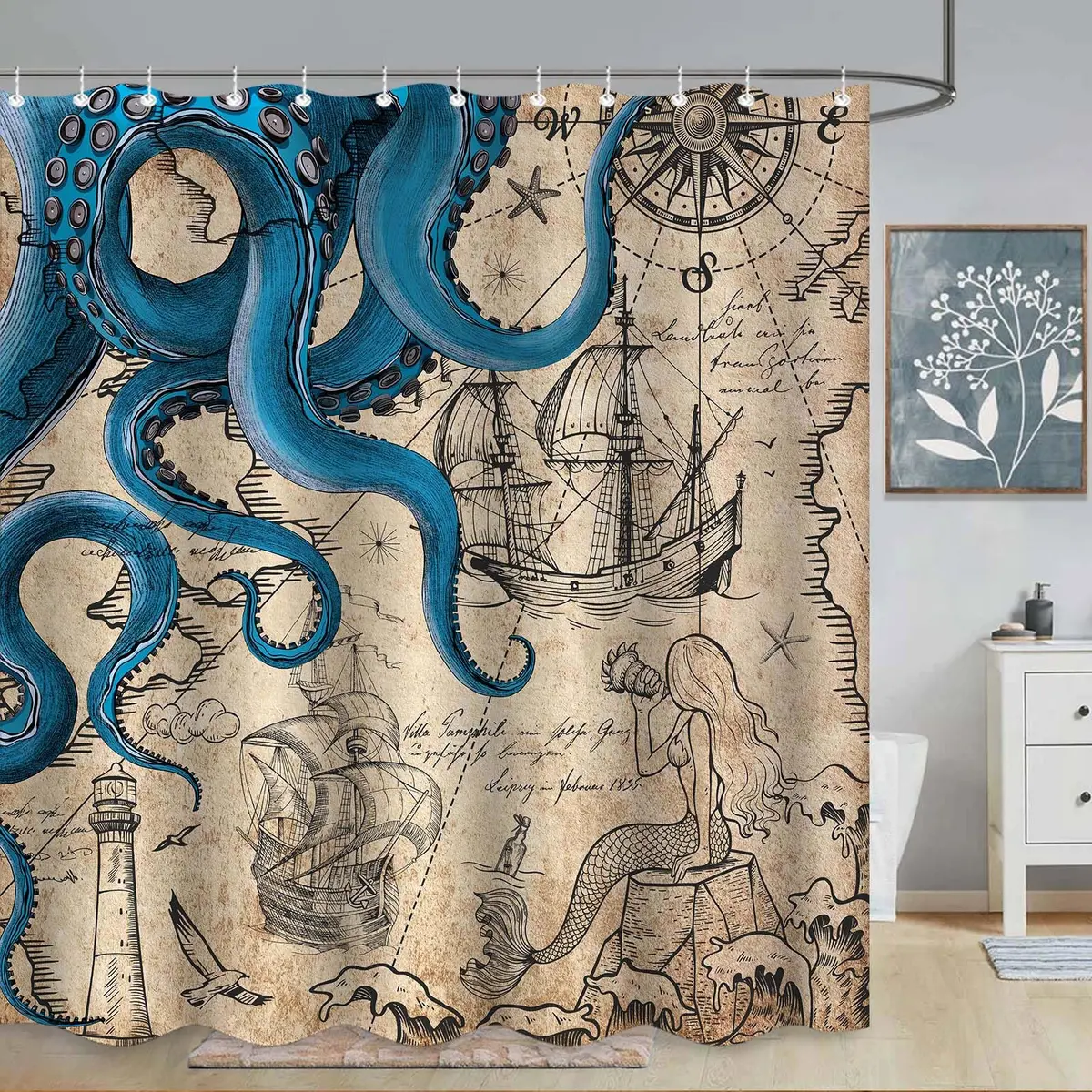 Fungarth Nautical Octopus Shower Curtain 183cm (72"W x 84"L) | Waterproof Polyester Fabric with Metal Grommets - main product image