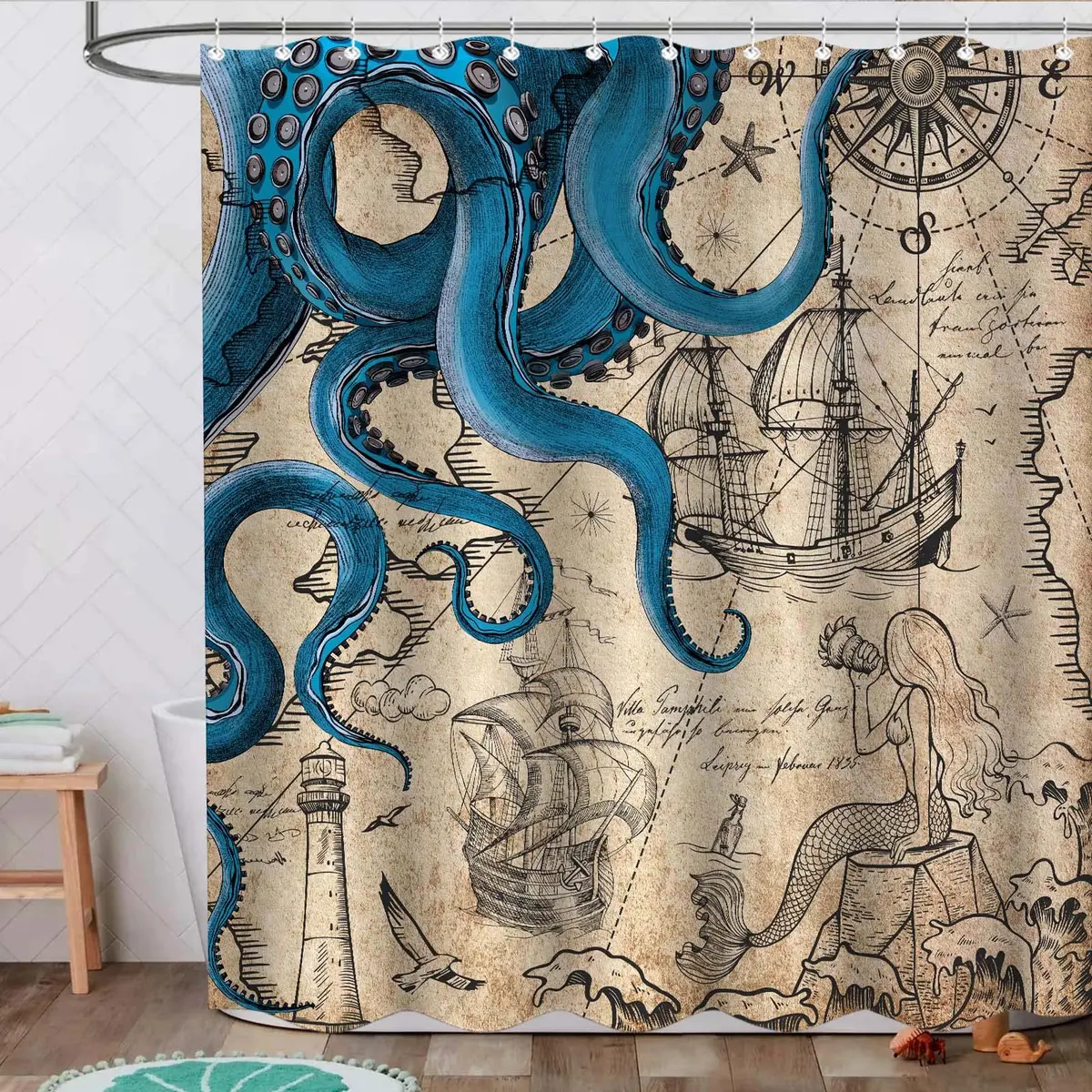 Fungarth Nautical Octopus Shower Curtain 183cm (72"W x 84"L) | Waterproof Polyester Fabric with Metal Grommets - view 5