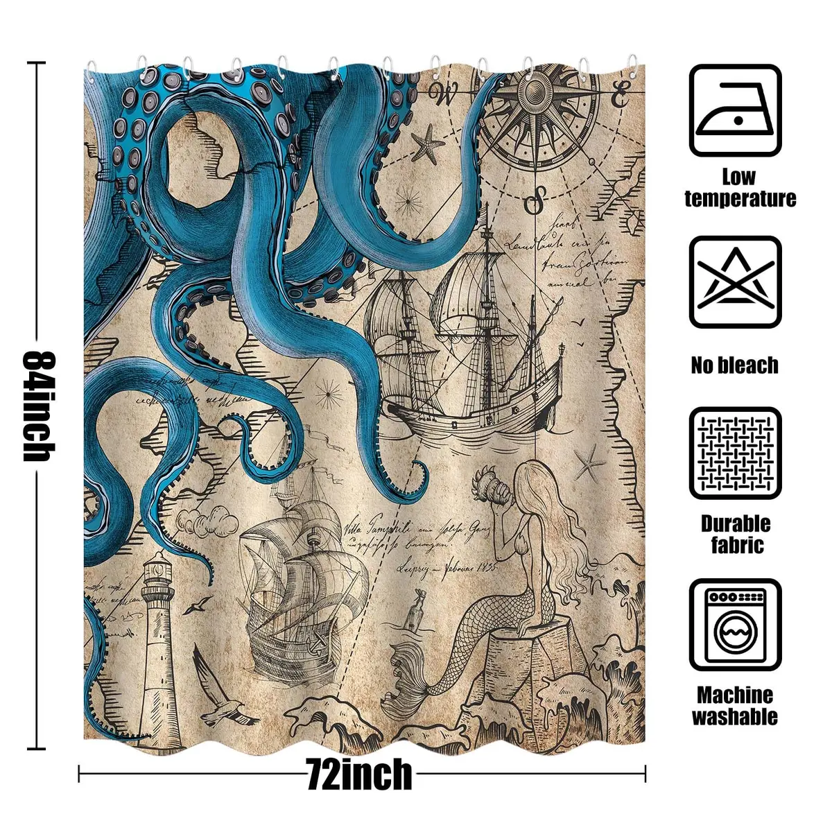 Fungarth Nautical Octopus Shower Curtain 183cm (72"W x 84"L) | Waterproof Polyester Fabric with Metal Grommets - view 7