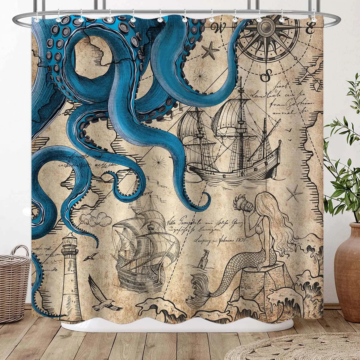 Fungarth Nautical Octopus Shower Curtain 183cm (72"W x 84"L) | Waterproof Polyester Fabric with Metal Grommets - view 2