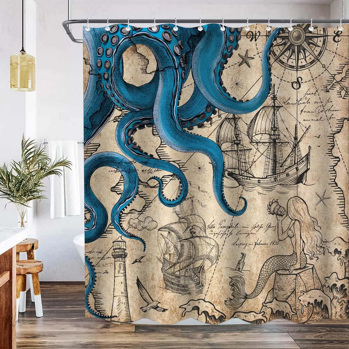 Fungarth Nautical Octopus Shower Curtain 183cm (72"W x 84"L) | Waterproof Polyester Fabric with Metal Grommets - view 3