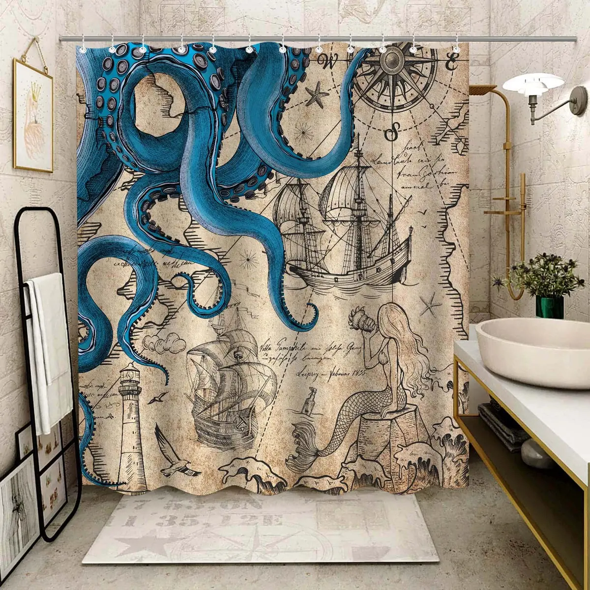 Fungarth Nautical Octopus Shower Curtain 183cm (72"W x 84"L) | Waterproof Polyester Fabric with Metal Grommets - view 4