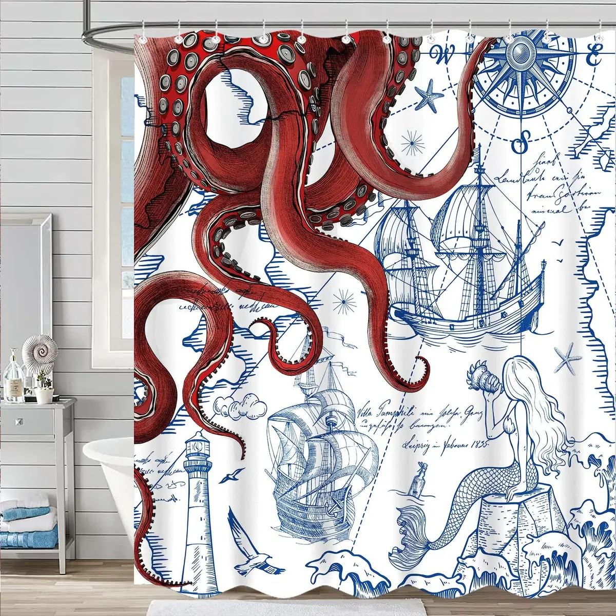 Fungarth Red Nautical Octopus Shower Curtain 72" x 72" | Waterproof Fabric Bath Curtain with Hooks - view 5