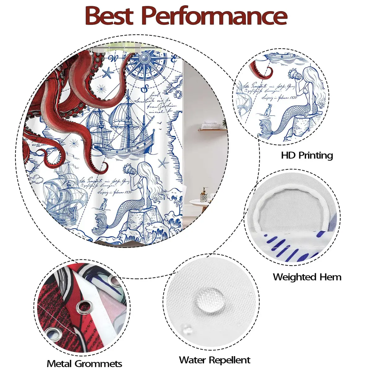 Fungarth Red Nautical Octopus Shower Curtain 72" x 72" | Waterproof Fabric Bath Curtain with Hooks - view 6