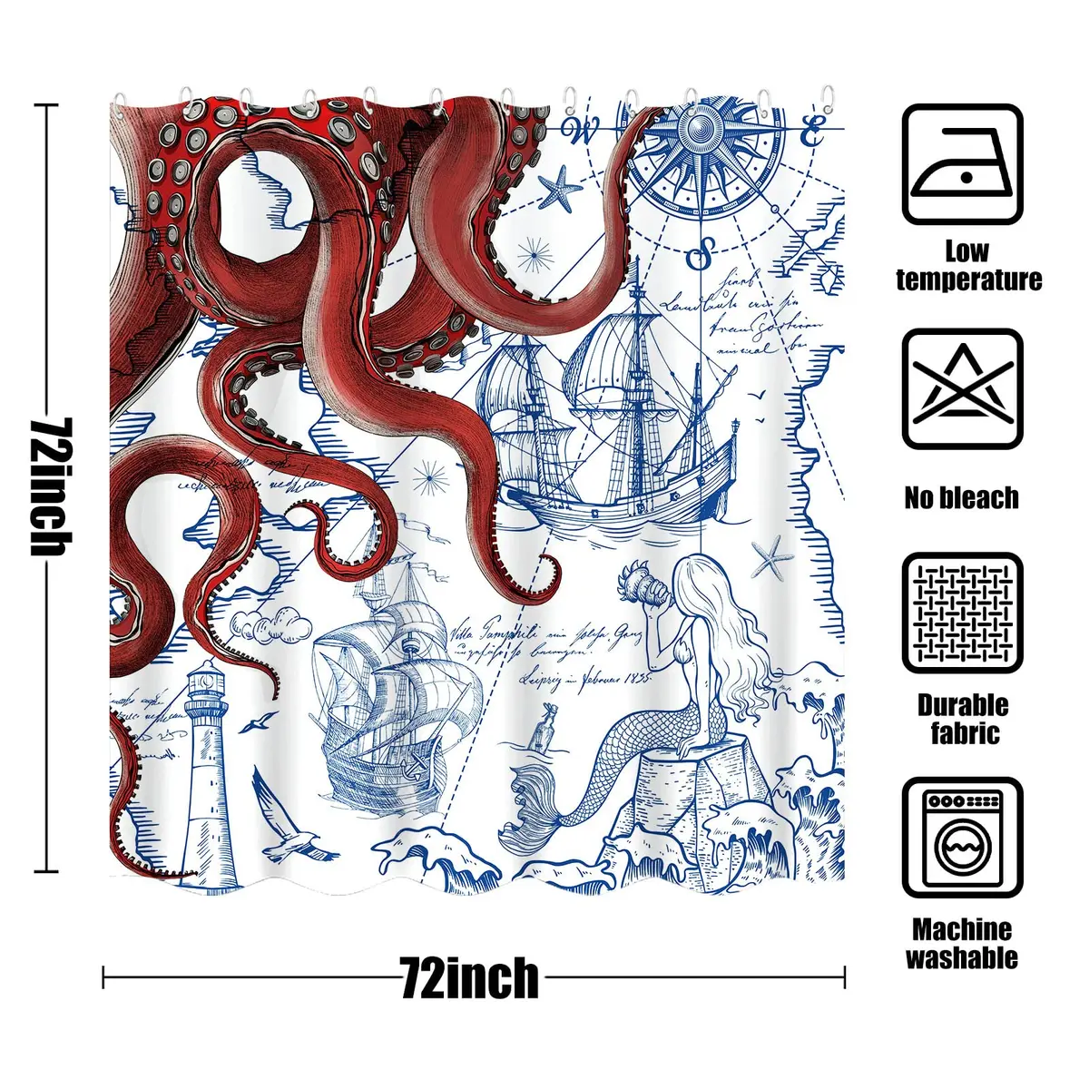 Fungarth Red Nautical Octopus Shower Curtain 72" x 72" | Waterproof Fabric Bath Curtain with Hooks - view 7