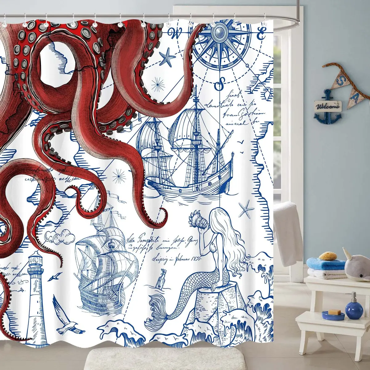 Fungarth Red Nautical Octopus Shower Curtain 72" x 72" | Waterproof Fabric Bath Curtain with Hooks - view 8