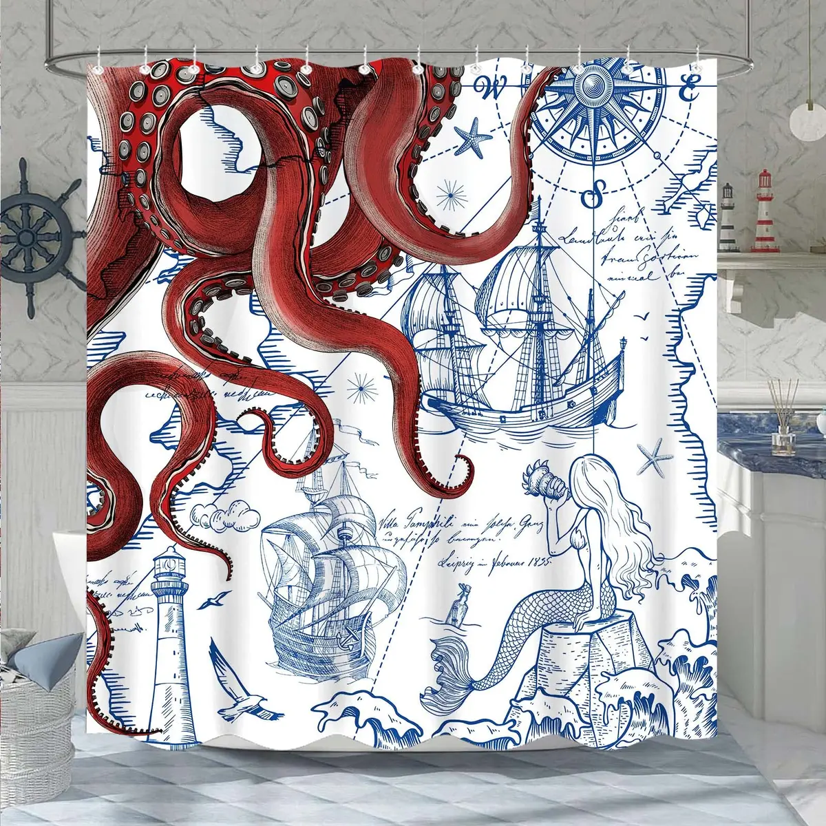 Fungarth Red Nautical Octopus Shower Curtain 72" x 72" | Waterproof Fabric Bath Curtain with Hooks - view 2