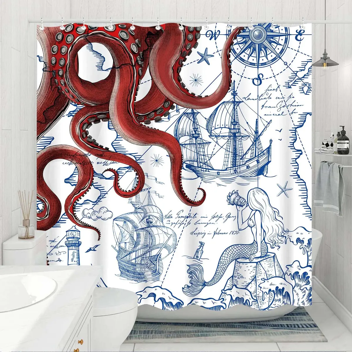 Fungarth Red Nautical Octopus Shower Curtain 72" x 72" | Waterproof Fabric Bath Curtain with Hooks - view 3
