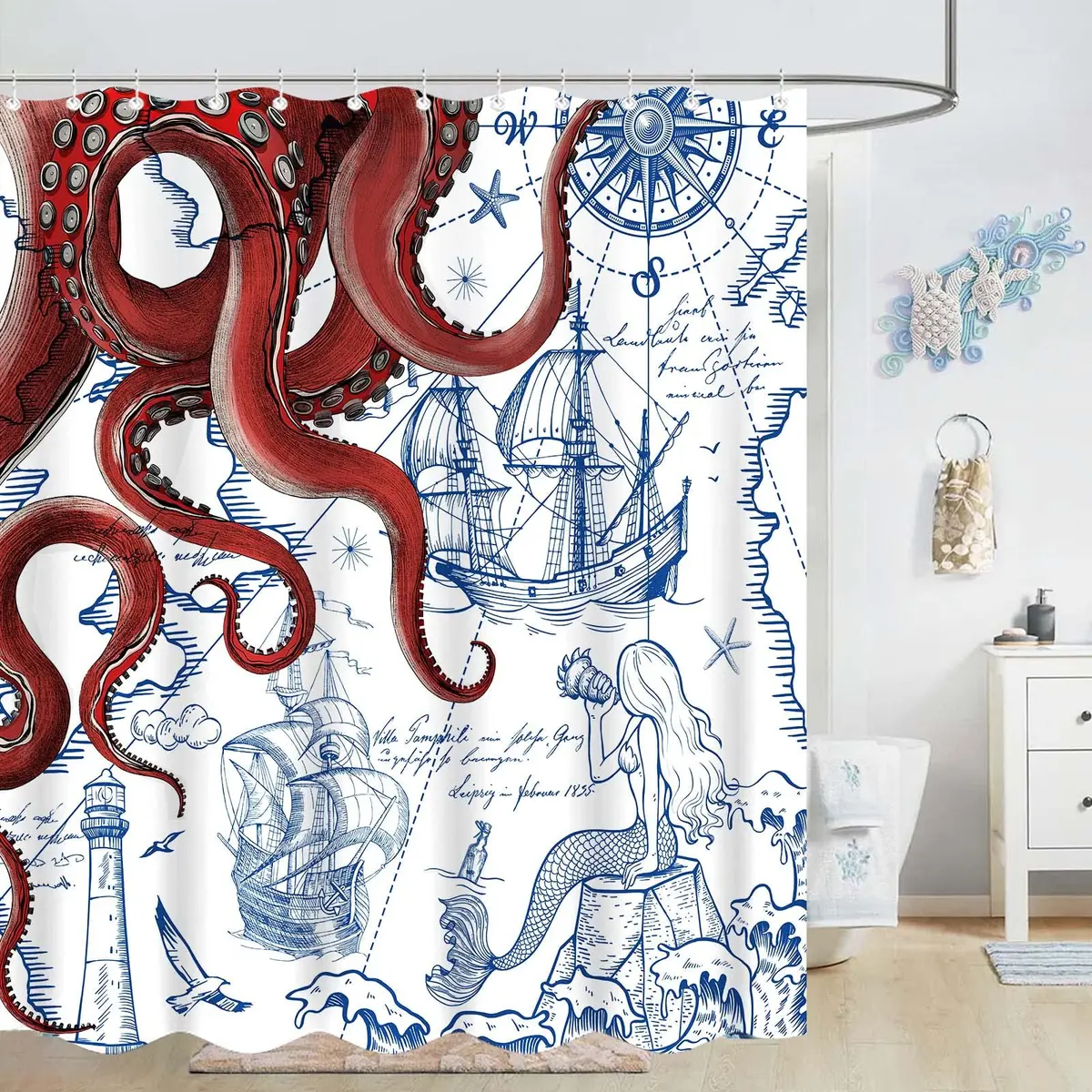 Fungarth Red Nautical Octopus Shower Curtain 72" x 72" | Waterproof Fabric Bath Curtain with Hooks - view 4