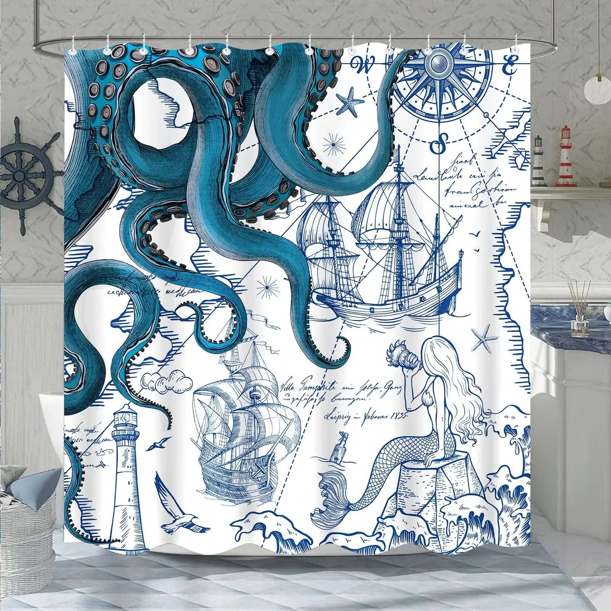 Fungarth Nautical Octopus Shower Curtain 183cm x 183cm (72" x 72") | Waterproof Fabric Bathroom Decor - main product image