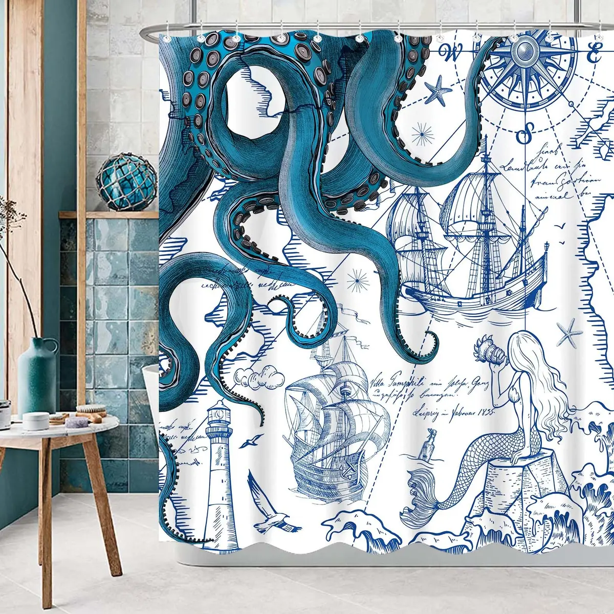 Fungarth Nautical Octopus Shower Curtain 183cm x 183cm (72" x 72") | Waterproof Fabric Bathroom Decor - view 5