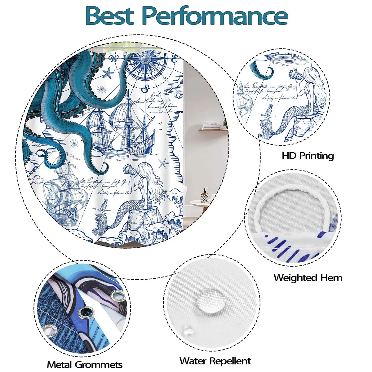 Fungarth Nautical Octopus Shower Curtain 183cm x 183cm (72" x 72") | Waterproof Fabric Bathroom Decor - view 6