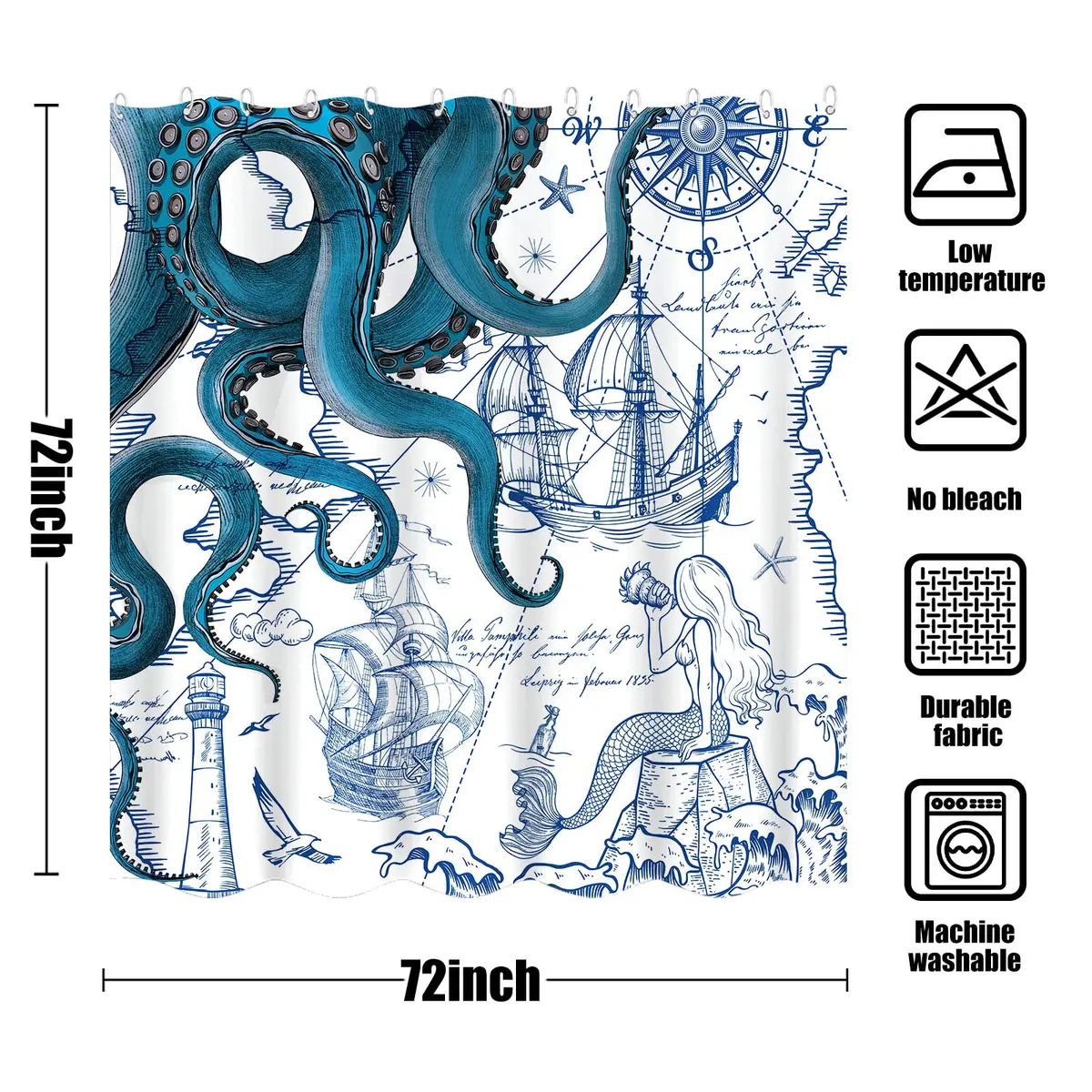 Fungarth Nautical Octopus Shower Curtain 183cm x 183cm (72" x 72") | Waterproof Fabric Bathroom Decor - view 7