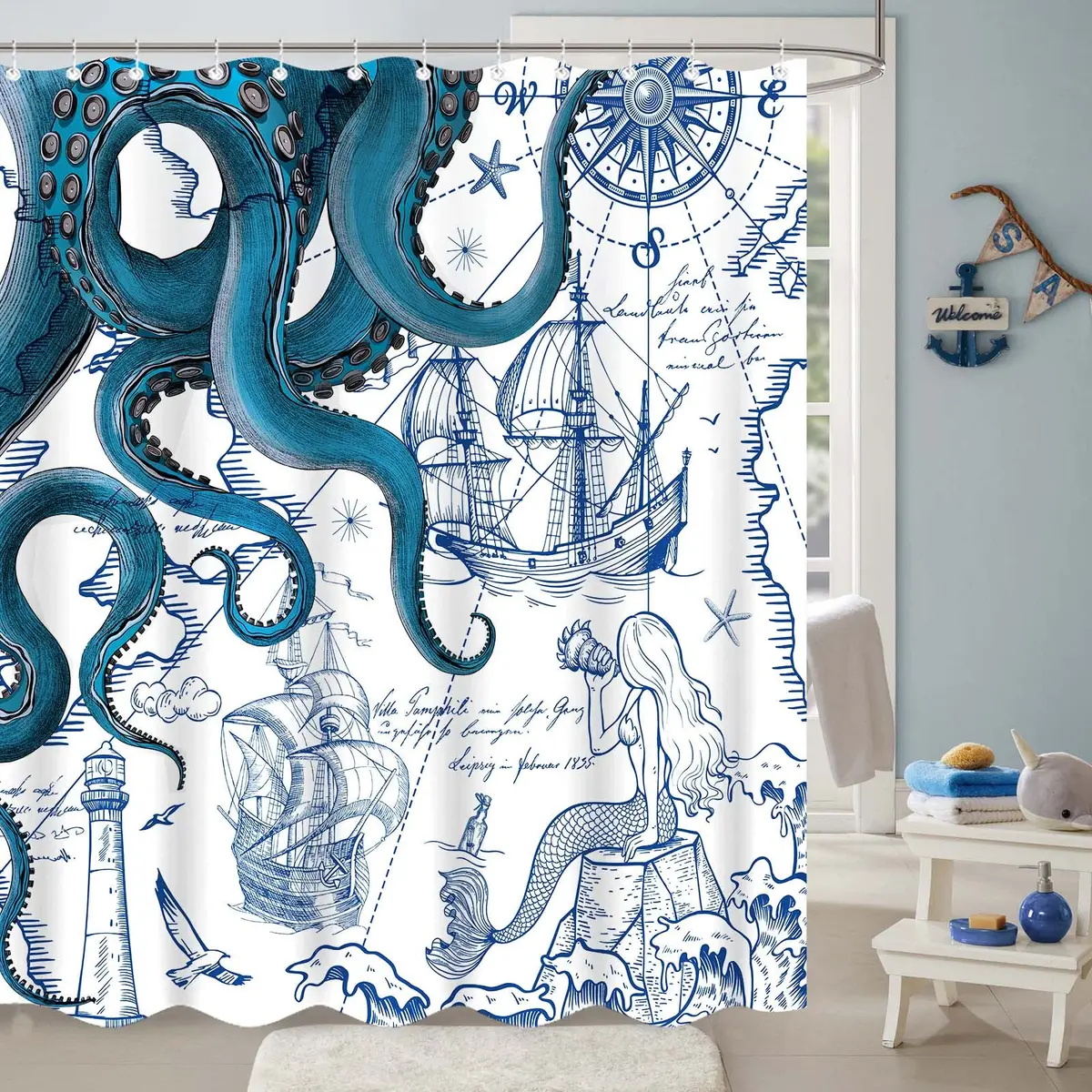 Fungarth Nautical Octopus Shower Curtain 183cm x 183cm (72" x 72") | Waterproof Fabric Bathroom Decor - view 2