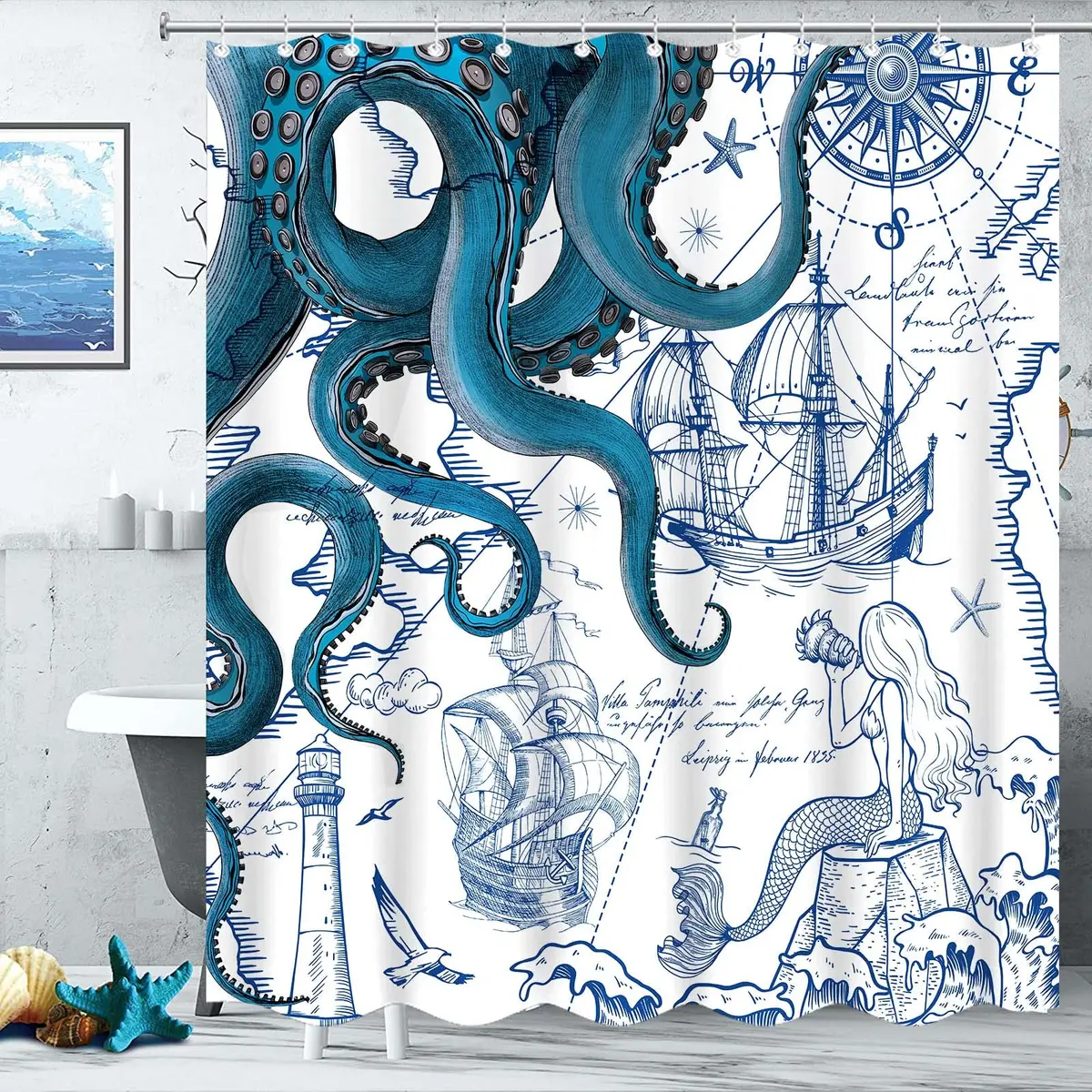 Fungarth Nautical Octopus Shower Curtain 183cm x 183cm (72" x 72") | Waterproof Fabric Bathroom Decor - view 3