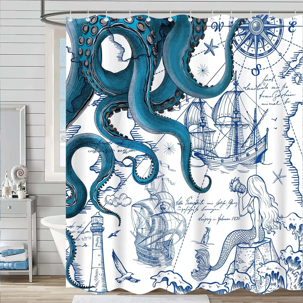 Fungarth Nautical Octopus Shower Curtain 183cm x 183cm (72" x 72") | Waterproof Fabric Bathroom Decor - view 4