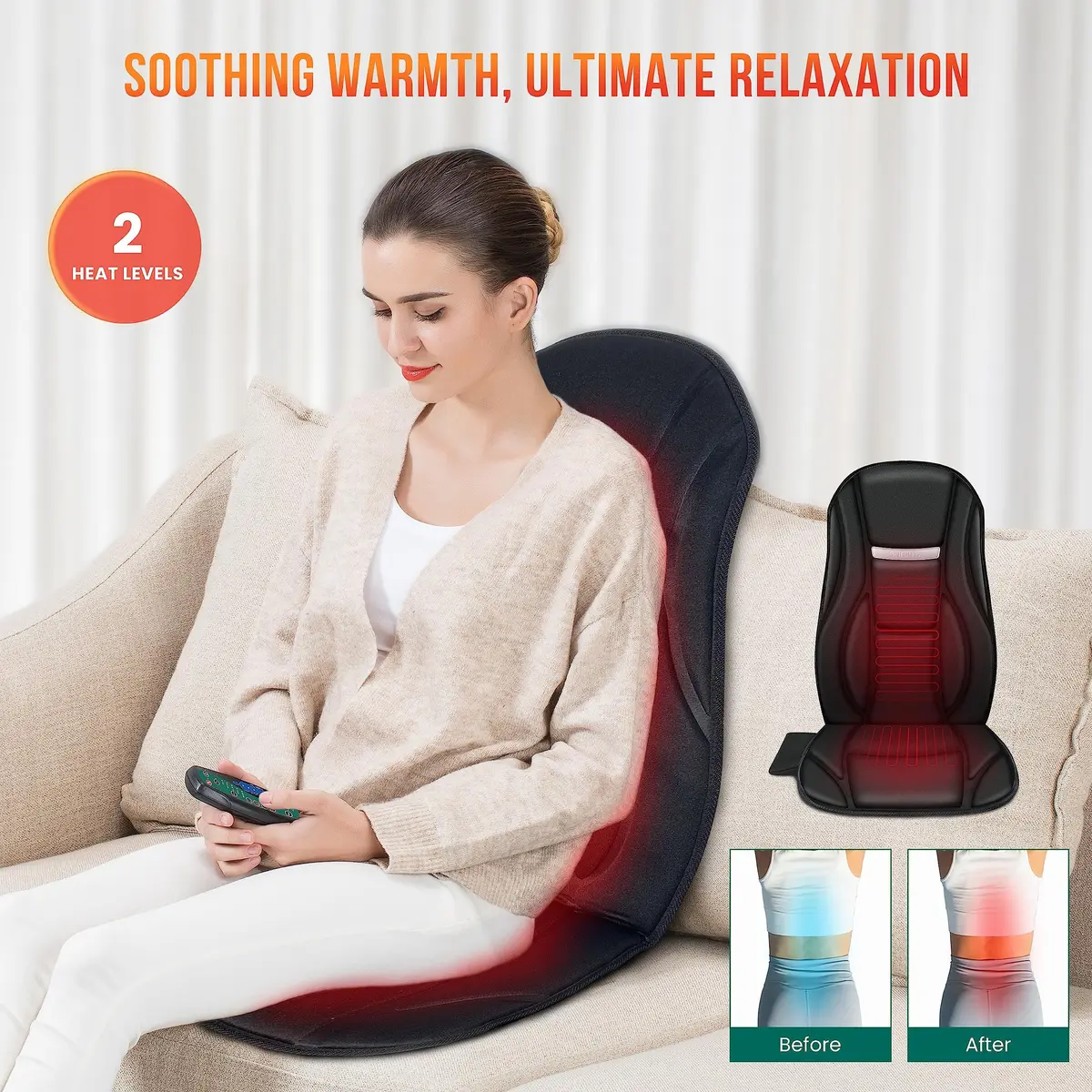 Snailax Vibration Back Massager with Heat, 8 Motors Massage Chair Pad 1.42 kg (3.13 lb) | Deep Tissue Relief for Home & Office - view 4