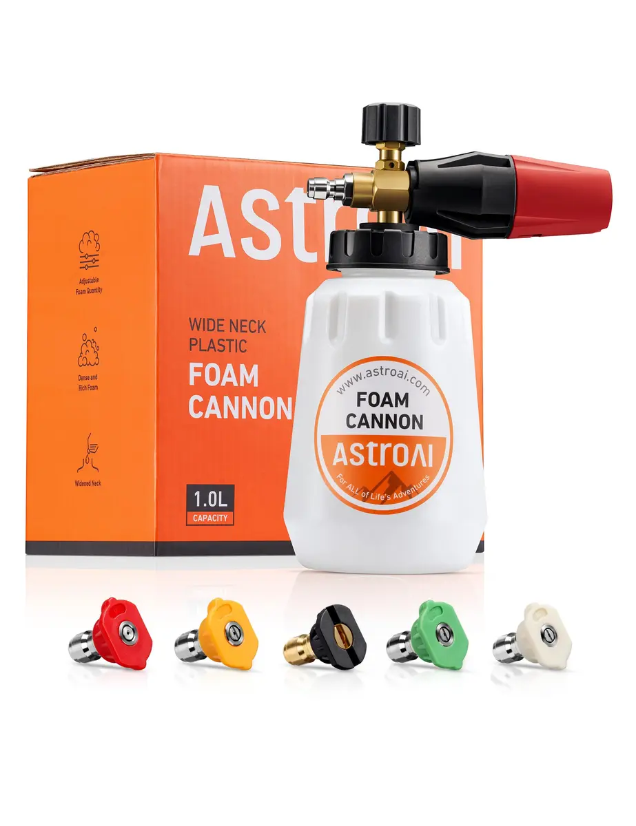 AstroAI Foam Cannon for Pressure Washer with 1/4" Quick Connect, 1L Bottle & 5 Nozzles | Heavy Duty Foam Sprayer Attachments - main product image