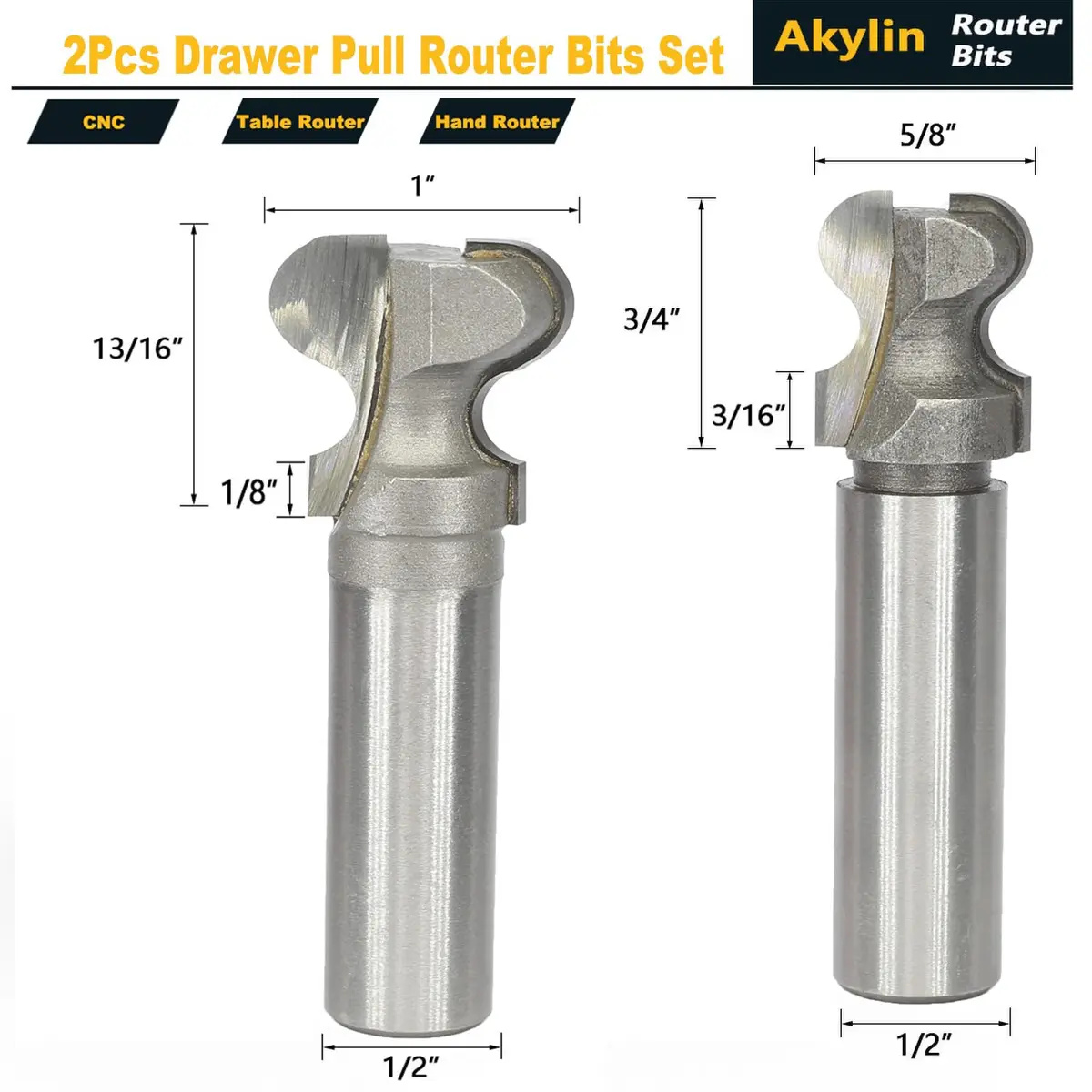 Akylin 2Pcs Finger Pull Router Bit Set 1/2" Shank | Drawer Handle Making Tool - view 2